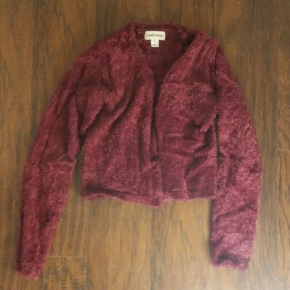 Lands' End Girls Sparkle Purple Cardigan Fuzzy